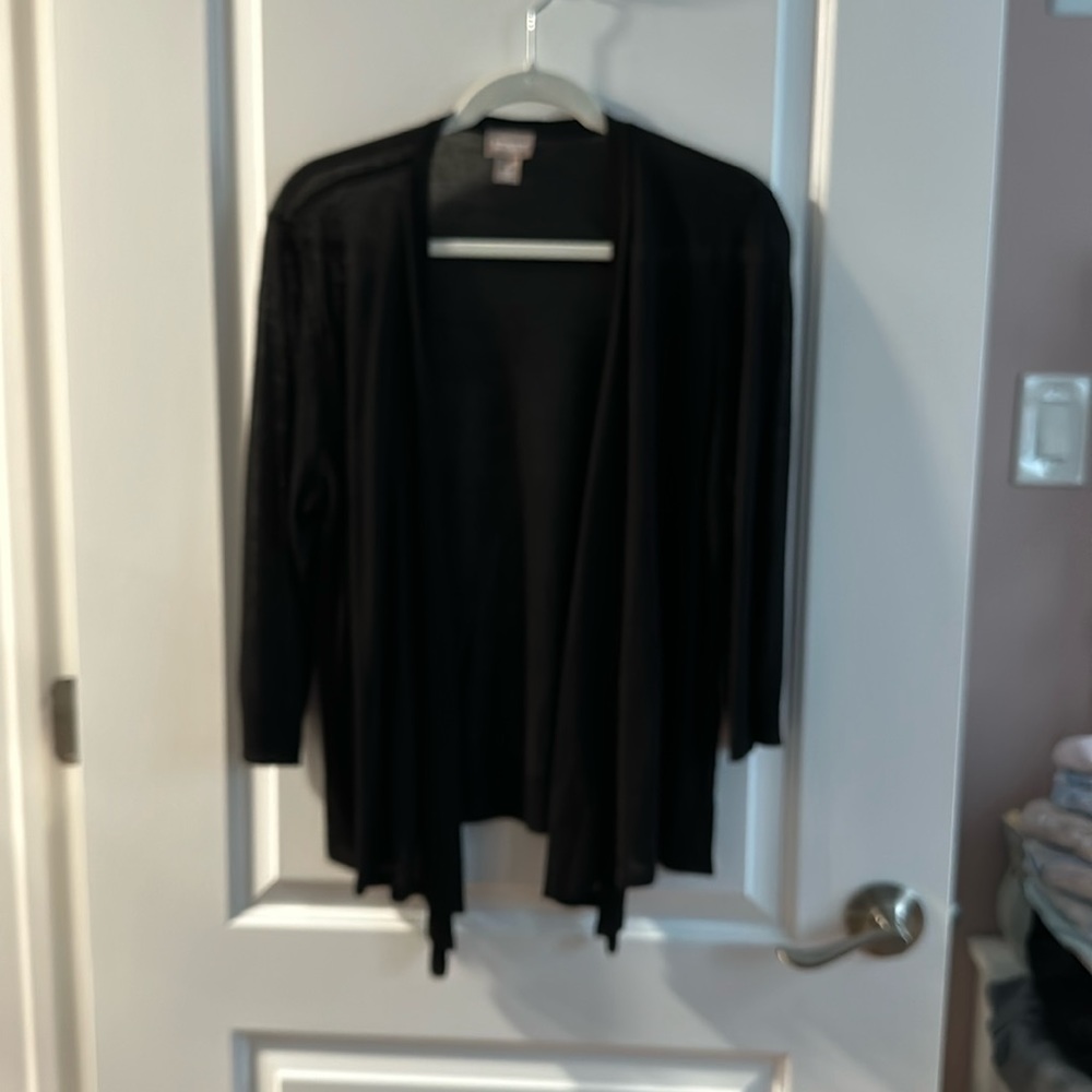 Chicos,  size 2 black cardigan, three-quarter sleeve worn once ex con very light